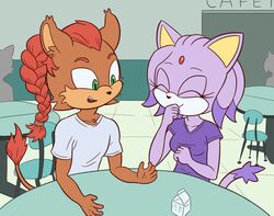  2020 absurd_res anthro biped blaze_the_cat braided_hair cafeteria closed_eyes clothed clothing digital_media_(artwork) domestic_cat duo fan_character felid feline felis female fingers fur furniture hair hair_down hi_res high_school laugh lion loshon male mammal open_mouth pantherine purple_body purple_fur school sega smile sonic_the_hedgehog_(series) table teeth topwear 