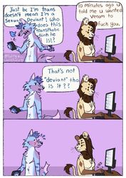  3_panel_comic anthro arm_tuft blue_body blue_fur blue_hair blush blush_lines bodily_fluids breasts brown_body brown_fur brown_hair canid canine cellphone cheek_tuft chest_tuft chin_tuft computer computer_monitor computer_mouse dot_eyes duo ear_piercing ear_ring electronics english_text facial_tuft fangs felid female fox fur hair half-closed_eyes hi_res humor inner_ear_fluff lion luckfoxo33 male mammal mane mane_hair mastectomy_scar meme narrowed_eyes open_mouth pantherine pawpads paws phone piercing pink_background pink_pawpads profanity purple_body purple_fur ring_piercing scar sharp_teeth shoulder_tuft simple_background smartphone sweat sweatdrop tail tail_tuft tatum_koenig teeth text tolng trans_(lore) trans_man_(lore) trans_woman_(lore) tuft twitter twitter_logo visibly_trans yellow_body yellow_fur 