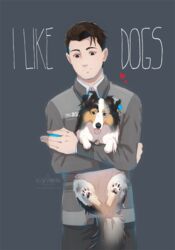  2018 5_fingers ambiguous_feral ambiguous_gender azzai black_body black_fur blue_eyes brown_body brown_eyes brown_fur brown_hair canid canine canis clothed clothing connor_(detroit) detroit:_become_human domestic_dog duo english_text female_(lore) feral fingers fluffy fluffy_tail fur grey_background hair heart_symbol herding_dog human looking_at_viewer machine male male_human mammal pastoral_dog pawpads sam_(azzai) sheepdog shetland_sheepdog short_hair simple_background smile standing tail text tongue tongue_out white_body white_fur 