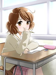  blackminolith_(2ne) brown_eyes brown_hair classroom desk eraser female hibike!_euphonium highres holding holding_pen indoors long_sleeves looking_at_viewer medium_hair oumae_kumiko paper pen plaid school_desk sitting sleeves_past_wrists window 