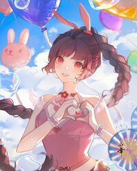  animal_ears artist_request balloon blush braid braided_ponytail brown_hair bubble carrot_hair_ornament douluo_dalu female food-themed_hair_ornament frilled_wristband hair_ornament heart heart_hands highres light_particles midriff open_mouth pink_eyes rabbit_balloon rabbit_ears second-party_source solo teeth upper_body xiao_wu_(douluo_dalu) 