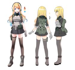  backpack bag bandana blonde_hair blue_eyes blue_hair boots breasts camouflage camouflage_skirt color_guide facing_viewer female from_behind gloves gradient_hair headset highres indie_virtual_youtuber long_hair looking_at_viewer multicolored_hair non-web_source parted_lips pleated_skirt profile reference_sheet simple_background skirt small_breasts standing symbol_in_eye thighhighs virtual_youtuber white_background zeta_(vtuber) 