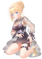  :q alternate_hairstyle bad_id bad_pixiv_id black_dress blonde_hair blue_eyes blush breasts cleavage dress earrings female hair_up high_heels highres hololive hololive_english jewelry kneeling knife large_breasts mole mole_on_breast official_alternate_costume official_alternate_hairstyle see-through see-through_dress serino_itsuki sidelocks simple_background solo tattoo thigh_strap tiara tongue tongue_out virtual_youtuber watson_amelia watson_amelia_(party_dress) white_background yellow_footwear 