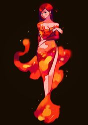  bad_id bad_twitter_id bare_shoulders black_background blush breasts cleavage commentary dress english_commentary female fiery_clothing fire full_body highres long_hair long_sleeves looking_at_viewer meyoco original red_dress red_hair simple_background solo sparks standing 