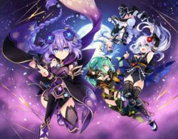  aqua_eyes black_heart blue_hair breasts choujigen_game_neptune cleavage cropped green_hair green_heart group long_hair moon night ninja ponytail purple_eyes purple_hair purple_heart red_eyes thighhighs tsunako twintails white_hair white_heart 