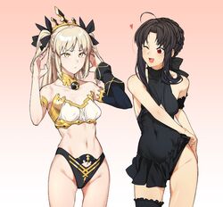  2girls :&lt; ;d ahoge alternate_hairstyle armlet arms_up artoria_pendragon_(fate) bare_shoulders bikini black_bikini black_bow black_dress blonde_hair blush bow breasts bridal_garter closed_mouth clothes_lift collar collarbone commentary_request cosplay costume_switch cowboy_shot detached_sleeves dress dress_lift fate/grand_order fate_(series) frills gradient_background groin hairbow hairstyle_switch heart ishtar_(fate) ishtar_(fate)_(cosplay) k52 lifting_own_clothes long_hair long_sleeves looking_up mismatched_bikini multiple_girls navel no_panties official_alternate_costume one_eye_closed open_mouth parted_bangs pink_background red_eyes saber_alter saber_alter_(cosplay) sidelocks single_detached_sleeve sleeveless sleeveless_dress small_breasts smile stomach strapless strapless_bikini swimsuit tiara two_side_up v-shaped_eyebrows white_bikini yellow_eyes 