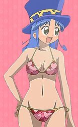  bare_arms bikini blue_hair blue_hat breasts cleavage female female fushigiboshi_no_futago_hime game_cg groin halterneck hand_on_hip hat light_brown_eyes long_hair lovely_bikini medium_breasts open_mouth red_bikini rein skindentation solo string_bikini swimsuit very_long_hair 