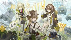  animal animal_ears arknights beanstalk_(arknights) blonde_hair brown_hair camera castle-3_(arknights) gloves group kang_yiqian logo long_hair magallan_(arknights) penguin pink_eyes scene_(arknights) short_hair sunglasses tail the_emperor_(arknights) yellow_eyes 