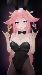  absurdres animal_ears bad_id bad_pixiv_id bingzhi_juzi black_background black_bow black_bowtie black_leotard bow bowtie breasts chinese_commentary cleavage commentary_request cowboy_shot detached_collar fake_animal_ears female fox_ears fox_shadow_puppet genshin_impact gradient_background hair_between_eyes highres leotard long_hair looking_at_viewer pantyhose pink_hair playboy_bunny purple_eyes rabbit_ears rabbit_tail solo strapless strapless_leotard tail yae_miko 