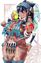  apple artist_name bandana bikini blue_hair bodypaint breasts bright_pupils curvy dark_blue_hair dark_skin eating fanbox_username fat female fingernails food fruit fur_trim glutton hair_between_eyes highres holding holding_food holding_fruit jewelry large_breasts long_hair machete navel necklace nekoguchi original pear plump red_eyes sheath sheathed signature skindentation swimsuit tan tassel tattoo tongue tongue_out torn torn_clothes traditional_clothes tribal tribal_tattoo twitter_username warrior white_pupils 