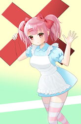  blackminolith_(2ne) blue_dress bow breasts commentary_request cross danjo_kyoudou_sankaku-chan dress female gradient_background green_background hair_ornament hairclip hand_up highres holding holding_cross large_breasts medium_hair original pink_hair puffy_short_sleeves puffy_sleeves red_bow short_sleeves solo striped_clothes striped_thighhighs thighhighs twintails zettai_ryouiki 