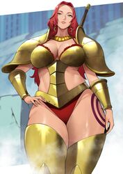  absurdres arm_guards armor armored_boots ass_visible_through_thighs baccarat_(one_piece) bad_id bad_twitter_id blush boots breastplate breasts cleavage female from_below gold_armor green_eyes highres large_breasts long_hair looking_at_viewer looking_down one_piece one_piece_film:_gold panties parted_bangs pauldrons red_hair red_panties shoulder_armor smile solo thighs underwear yoshio_(55level) 