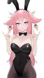  absurdres animal_ears bad_id bad_pixiv_id bingzhi_juzi black_bow black_bowtie black_leotard bow bowtie breasts chinese_commentary cleavage commentary_request cowboy_shot detached_collar fake_animal_ears female fox_ears fox_shadow_puppet genshin_impact hair_between_eyes highres leotard long_hair looking_at_viewer pantyhose pink_hair playboy_bunny purple_eyes rabbit_ears rabbit_tail simple_background solo strapless strapless_leotard tail white_background yae_miko 