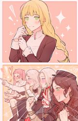  &gt;_&lt; 5girls black_headwear blonde_hair blue_eyes blush boots bow bracelet brown_hair butler closed_mouth dorothea_arnault earrings edelgard_von_hresvelg fire_emblem fire_emblem:_three_houses gaijin_4koma garreg_mach_monastery_uniform gloves green_eyes hairbow hat hilda_valentine_goneril ingrid_brandl_galatea jewelry knee_boots kvlen long_hair long_sleeves low_ponytail mercedes_von_martritz multiple_girls open_mouth pink_hair purple_eyes short_sleeves sitting smile twintails uniform white_gloves yuri 