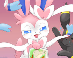  3_toes 5:4 :&lt; ambiguous_gender black_body black_fur black_nose blue_eyes blue_inner_ear blush bodily_fluids bow_(feature) cjk_character closed_eyes digital_media_(artwork) duo eeveelution facial_markings feet feral front_view fur generation_2_pokemon generation_4_pokemon generation_6_pokemon half-closed_eyes head_markings hi_res holding_object japanese_text kemono kenikenikeke leafeon leg_markings looking_at_viewer magazine mammal markings monotone_tail multicolored_body multicolored_ears multicolored_fur narrowed_eyes nintendo open_mouth paws pink_background pink_body pink_fur pink_tail pokemon pokemon_(species) pupils quadruped ribbons semi-anthro simple_background socks_(marking) sweat sweatdrop sylveon tail text toes translated two_tone_body two_tone_ears two_tone_fur umbreon white_body white_fur white_pupils yellow_body yellow_fur yellow_markings 