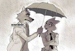  anthro canid canine canis clothing diane_foxington digital_media_(artwork) dreamworks duo eyewear female fox fur glasses male mammal monochrome mr._wolf_(the_bad_guys) nosugarnohoney outside raining simple_background suit the_bad_guys umbrella wet wolf 