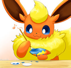  :3 ambiguous_gender big_ears black_nose blue_eyes brown_inner_ear brush digital_media_(artwork) eeveelution evolutionary_stone feral fire_stone flareon fluffy fluffy_tail front_view fur furniture generation_1_pokemon half-length_portrait head_tuft hi_res holding_object humor inner_ear_fluff kemono kenikenikeke long_ears mammal meme monotone_tail multicolored_body multicolored_fur musical_note neck_tuft nintendo no_sclera orange_body orange_ears orange_fur orange_inner_ear_fluff paint paintbrush painting pokemon pokemon_(species) portrait pupils quadruped semi-anthro simple_background smile solo table tail tuft two_tone_body two_tone_fur white_background white_pupils yellow_body yellow_fur yellow_tail 