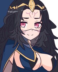  black_hair breasts circlet closed_mouth facial_mark female fire_emblem fire_emblem_fates large_breasts long_hair looking_at_viewer nyx_(fire_emblem) red_eyes solo tavi_(hosheezus) turtleneck upper_body veil 