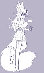  absurd_res anthro ass beverage big_breasts big_butt big_tail blue_and_white breasts bubble_tea butt_expansion canid canine ellipsis expansion female fox hair hi_res huge_tail looking_at_breasts looking_at_own_breasts looking_at_self mammal mazz_(mazzlerazz) mazzlerazz monochrome multicolored_hair simple_background solo speech_bubble standing tail 