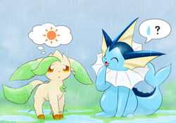  3_toes :&lt; :3 ^_^ ambiguous_gender blue_body blue_skin blue_tail brown_body brown_fur closed_eyes cloudy_(disambiguation) day detailed_background digital_media_(artwork) digitigrade dipstick_ears dipstick_tail duo ear_fins ear_markings ears_down eeveelution elemental_creature feet feral fin flora_fauna frill_(anatomy) front_view frown fur generation_1_pokemon generation_4_pokemon glistening glistening_body glistening_skin glistening_tail grass green_body green_ears green_tail head_fin head_tuft hi_res kemono kenikenikeke leaf leaf_ears leaf_tail leafeon leg_markings looking_at_another mammal marine markings mental_pictographics multicolored_body multicolored_ears multicolored_fur neck_frill nintendo notched_ear open_:3 open_mouth open_smile orange_eyes outside paws pictographics pivoted_ears plant pokemon pokemon_(species) puddle quadruped question_mark raindrop raining sad sitting sky smile socks_(marking) speech_bubble standing sun tail tail_fin tail_markings tail_ridge tan_body tan_ears tan_fur tan_tail thought_bubble toes tuft two_tone_body two_tone_ears two_tone_fur vaporeon water wet 