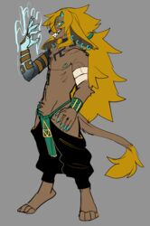  6my alternate_species anthro claws clothed clothing digital_media_(artwork) ear_piercing fur hair hi_res horn link link_(zonai_form) looking_at_hand male mammal nintendo piercing rauru&#039;s_arm smile solo tail tears_of_the_kingdom the_legend_of_zelda zonai zonai_link 