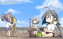  3girls ahoge alternate_costume aoba_(kancolle) blue_sky clothes_writing cloud day green_eyes green_shorts grey_eyes grey_hair hair_between_eyes hair_bun hamu_koutarou highres indian_style jar kantai_collection kiyoshimo_(kancolle) low_twintails multiple_girls outdoors paintbrush pole ponytail purple_shorts rock sculpture shimushu_(kancolle) shirt short_hair shorts single_hair_bun sitting sky t-shirt theodolite translated twintails white_shirt 