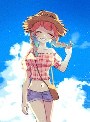  ^_^ alternate_costume aqua_hair bag blue_sky blush braid closed_eyes cloud cloudy_sky commentary cowboy_shot day facing_viewer female grin handbag hat highres hololive hololive_english long_hair midriff multicolored_hair navel orange_hair outdoors short_shorts shorts shoulder_bag sky smile solo standing straw_hat symbol-only_commentary takanashi_kiara twin_braids two-tone_hair virtual_youtuber yunare 