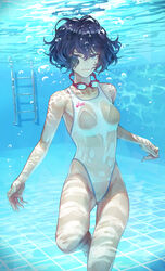  air_bubble asics barefoot breasts bubble caustics closed_mouth commentary_request competition_swimsuit feet_out_of_frame female frown goggles goggles_around_neck highleg highleg_swimsuit highres holding_breath kaoming looking_at_viewer nanjou_ao one-piece_swimsuit original pool pool_ladder see-through short_hair solo submerged swimsuit underwater wavy_hair wet wet_clothes wet_swimsuit white_one-piece_swimsuit 