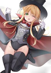  :p arms_up ass_visible_through_thighs black_cloak black_footwear black_hat black_jacket black_leotard black_thighhighs blonde_hair boots bow bowtie cloak commission female gakuon_(gakuto) gloves green_eyes grey_vest groin hat high_heel_boots high_heels highleg highleg_leotard highres index_finger_raised jacket leg_up leotard leotard_under_clothes long_hair looking_at_viewer one_eye_closed original phantom_thief phantom_thief_(kkmomo67) red_cloak shirt skeb_commission smile solo standing standing_on_one_leg thigh_boots thigh_gap thighhighs thighs tongue tongue_out top_hat two-tone_cloak vest white_gloves white_shirt 