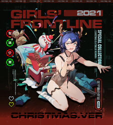  2021 animal_ears antlers aqua_eyes arm_up bad_link bare_shoulders black_choker black_hairband blue_hair blue_jacket blush box breasts brown_one-piece_swimsuit character_name cherry_hair_ornament choker christmas christmas_ornaments cleavage collarbone copyright_name covered_navel deer_antlers english_text fake_animal_ears female food-themed_hair_ornament full_body gift gift_box girls&#039;_frontline gun hair_between_eyes hair_ornament hairband hairclip hat highres horns jacket kneeling legs looking_at_viewer medium_breasts merry_christmas no_shoes official_alternate_costume official_art one-piece_swimsuit open_mouth promotional_art santa_hat short_hair simple_background socks solo submachine_gun swimsuit tears teeth thighs torn_clothes torn_jacket toy unworn_jacket upper_teeth_only vp1915_(girls&#039;_frontline) vp1915_(sitting_next_to_perosa)_(girls&#039;_frontline) vp_m1915 weapon white_socks xxi 