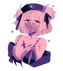  :o bra breasts cleavage collarbone double_bun female hair_bun hair_ribbon half-closed_eyes hat heart highres large_breasts looking_at_viewer macross macross_delta macross_delta:_zettai_live!!!!!! mask monochrome mouth_mask nurse_cap off_shoulder oke_(knjou_g_tya) open_mouth pink_theme portrait ribbon see-through see-through_mask short_hair solo underwear white_background yami_makina 