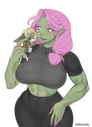  2girls :d abs blonde_hair blue_eyes blush breasts closed_mouth colored_skin commentary covered_navel crop_top earrings female_goblin female_orc fingernails goblin green_skin hair_over_shoulder highres jewelry large_breasts large_ears leggings little_goblin_(roxxxan) midriff mini_person minigirl multiple_girls muscular muscular_female nail_polish narrow_waist open_mouth orc original pink_eyes pink_hair pink_nails pointy_ears roxxxan simple_background smile stuffed_animal stuffed_rabbit stuffed_toy veins veiny_arms white_background wide_hips 