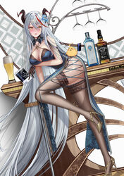  absurdly_long_hair absurdres aegir_(azur_lane) alcohol alternate_costume arm_under_breasts artist_name ass azur_lane bad_id bad_pixiv_id ballot bare_shoulders beer black_gloves black_thighhighs blue_dress blue_flower blush bottle breasts china_dress chinese_clothes criss-cross_halter cross demon_horns detached_collar dress female floral_print flower full_body gloves gold_footwear golden_miocola hair_between_eyes half_gloves halterneck high_heels highres horns iron_cross lace-trimmed_legwear lace_trim large_breasts leaning_forward leg_up long_hair manjuu_(azur_lane) mole mole_under_eye pelvic_curtain red_hair shoes solo standing standing_on_one_leg stiletto_heels thighhighs very_long_hair vodka whiskey white_background white_hair yellow_eyes 