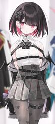  bare_shoulders belt black_belt black_choker black_hair black_jacket black_pantyhose blurry blurry_background blush bow bowtie breasts choker clothes_pull collared_shirt commentary cowboy_shot earrings female frilled_jacket frilled_shirt frills groin hair_between_eyes hairbow heart highres indie_virtual_youtuber jacket jacket_pull jewelry looking_at_viewer medium_hair multicolored_hair nanananana off_shoulder pantyhose pink_eyes pink_hair plaid plaid_skirt pleated_skirt pulling_own_clothes rikotan_(vtuber) see-through see-through_skirt shirt skirt small_breasts solo standing streaked_hair sweat symbol-only_commentary thigh_strap virtual_youtuber wet wet_clothes white_shirt 