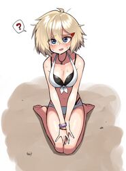  ? barefoot blonde_hair blue_eyes blue_nails blush bracelet breasts cleavage collarbone commentary evolvingmonkey female highres jewelry large_breasts looking_at_viewer mole mole_on_breast mole_under_eye nakamura_chise navel necklace original parted_lips seiza short_hair sitting solo speech_bubble spoken_question_mark sweat v_arms 