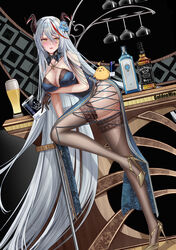  absurdly_long_hair absurdres aegir_(azur_lane) alcohol alternate_costume arm_under_breasts artist_name ass azur_lane bad_id bad_pixiv_id ballot bare_shoulders beer black_background black_gloves black_thighhighs blue_dress blue_flower blush breasts china_dress chinese_clothes criss-cross_halter cross demon_horns detached_collar dress female floral_print flower full_body gloves gold_footwear golden_miocola hair_between_eyes half_gloves halterneck high_heels highres horns iron_cross lace-trimmed_legwear lace_trim large_breasts leaning_forward leg_up long_hair manjuu_(azur_lane) mole mole_under_eye pelvic_curtain red_hair shoes solo standing standing_on_one_leg stiletto_heels thighhighs very_long_hair vodka whiskey white_hair yellow_eyes 