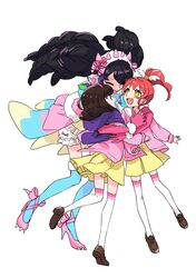  3girls black_hair bloomers blue_eyes blue_thighhighs brown_hair buntatta closed_eyes flower food food-themed_hair_ornament fruit full_body gaaruru_(pripara) hair_ornament hairband high_heels highres hug idol jacket kurosu_aroma loafers long_hair long_sleeves looking_at_another mandarin_orange multiple_girls open_mouth paprika_private_academy_school_uniform pink_flower pink_jacket ponytail pretty_series pripara red_hair school_uniform shiratama_mikan shoes skirt smile thighhighs twintails underwear waist_cape white_legwear yellow_eyes yellow_skirt zettai_ryouiki 