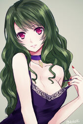  alternate_hairstyle bad_id bad_pixiv_id blue_choker blue_dress breasts choker cleavage collarbone commentary_request dominura_(simoun) dress female green_hair hand_up kiryuu_aoko looking_at_viewer pink_eyes red_nails simoun solo standing strap_slip twitter_username upper_body 