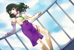  bad_id bad_pixiv_id blue_sky breasts brown_legwear choker cloud commentary day detached_sleeves dominura_(simoun) drill_hair dutch_angle female fishnet_fabric green_hair kiryuu_aoko lipstick long_hair makeup medium_breasts outdoors parted_lips purple_choker purple_eyes purple_skirt railing red_nails simoun skirt sky solo standing uniform white_legwear 