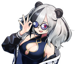  adjusting_eyewear animal_ears arknights breasts china_dress chinese_clothes cleavage cleavage_cutout clothing_cutout dress evolvingmonkey feater_(arknights) female grey_hair highres large_breasts multicolored_hair oerba_yun_fang panda_ears purple-tinted_eyewear solo streaked_hair sunglasses tinted_eyewear twintails white_background 