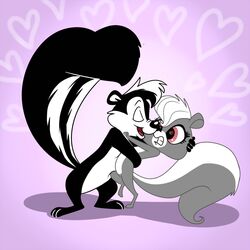  1:1 anthro black_body black_fur closed_eyes duo female fur grey_body grey_fur hasbro heart_background heart_symbol hi_res littlest_pet_shop littlest_pet_shop_(2012) looney_tunes madmax male mammal mephitid open_mouth pepe_le_pew pepper_clark pink_eyes sexual_contact sexual_harassment simple_background skunk teeth warner_brothers white_body white_fur 