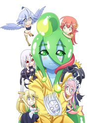  6+girls :d absurdres ahoge animal_ears arachne arthropod_girl blank_eyes blonde_hair blue_eyes blue_hair blue_skin blue_wings blush_stickers breasts centaur centorea_shianus chibi cleavage closed_mouth colored_skin commentary_request disembodied_head dullahan extra_eyes feathered_wings fins green_eyes green_hair hair_between_eyes hair_ornament harpy head_fins highres holding holding_sword holding_weapon horse_ears huge_ahoge kneeless_mermaid lala_(monster_musume) lamia large_breasts long_hair long_hair_between_eyes looking_at_viewer mermaid meroune_lorelei miia_(monster_musume) monster_girl monster_musume_no_iru_nichijou multiple_girls official_art okayado open_mouth orange_eyes papi_(monster_musume) pink_hair pointy_ears ponytail rachnera_arachnera red_eyes red_hair short_hair simple_background slime_girl smile spider_girl suu_(monster_musume) sword taur weapon white_background white_hair winged_arms wings yellow_eyes 