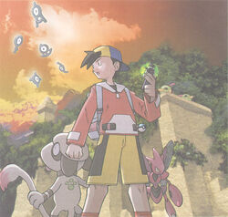  1boy backpack backwards_hat bag baseball_cap ethan_(pokemon) hat male_focus natu official_art outdoors poke_ball pokemon pokemon_(creature) pokemon_gsc scizor shorts smeargle sugimori_ken unown unown_a unown_q unown_u unown_x unown_z 