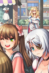  4girls ;d arm_up bag blonde_hair blue_eyes bow breasts brown_hair checkered choker cleavage commentary_request eyepatch glasses green_eyes hair_ornament hair_ribbon hairpin handbag iri_flina jacket katie_(sword_girls) long_hair medium_breasts multiple_girls one_eye_closed open_mouth quartermaster_knight ribbon short_hair smile standing striped sword_girls twintails white_hair wooni 