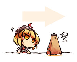  ... arrow_(symbol) blonde_hair chibi commentary_request crescent expressionless female hat head_tilt jitome lunasa_prismriver metronome okome_(kome_kuma) simple_background solo touhou yellow_eyes 