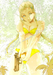  bikini blonde_hair blue_eyes braid breasts cammy_white cleavage commentary_request cz_75 female gun hair_ornament hairclip handgun long_hair medium_breasts navel okazuwa_shake photoshop_(medium) solo street_fighter swimsuit trigger_discipline twin_braids weapon yellow_bikini 