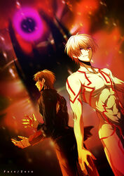  2boys bad_id bad_pixiv_id blonde_hair blood blood_on_face brown_eyes brown_hair copyright_name cross cross_earrings earrings fate/zero fate_(series) gilgamesh_(fate) great_grail jewelry kotomine_kirei male_focus multiple_boys nude photoshop_(medium) red_eyes tattoo uka_(color_noise) 