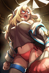  angry badge blonde_hair blue_eyes breasts clenched_hand commentary_request female glasses jacket large_breasts long_hair midriff navel open_mouth panties quartermaster_knight red-framed_eyewear red_hair shirt side-tie_panties solo sword_girls thighhighs underwear vernika_answer wooni 