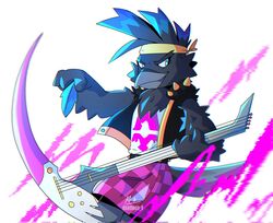  2021 accessory anthro avian beak bird black_beak black_body black_eyebrows black_feathers black_tail blue_body blue_eyes blue_feathers bottomwear brawlhalla checkered checkered_bottomwear checkered_clothing checkered_skirt chest_tuft clothed clothing corvid corvus_(genus) deamoon_9 electric_guitar european_mythology eyebrows feather_tuft feathered_crest feathers female furgonomics guitar guitar_pick head_crest headband hi_res highlights_(coloring) improvised_musical_instrument jacket looking_aside melee_weapon miniskirt multicolored_body multicolored_feathers munin_(brawlhalla) muninn_(mythology) musical_instrument musician mythology norse_mythology open_clothing open_jacket open_topwear oscine passerine pattern_bottomwear pattern_clothing pattern_skirt playing_guitar playing_music plucked_string_instrument polearm raven rockstar scythe shirt signature simple_background skirt smile smirk solo string_instrument tail tail_through_skirt thick_eyebrows topwear tuft two_tone_body two_tone_feathers watermark weapon white_background 