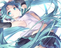  aqua_eyes aqua_hair aqua_ribbon armpits arms_up black_skirt black_sleeves blush breasts closed_mouth commentary detached_sleeves dutch_angle female grey_shirt hatsune_miku hatsune_miku_(nt) headphones long_hair long_sleeves looking_at_viewer matsuuni miniskirt navel neck_ribbon no_bra piapro ribbon see-through shirt simple_background skirt small_breasts solo twintails very_long_hair vocaloid white_background 